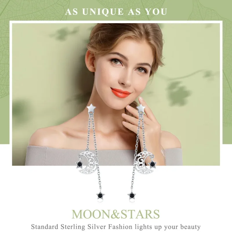 (image for) Pandora Style Silver Starlight Moon Hanging Earrings - SCE528 - View 2