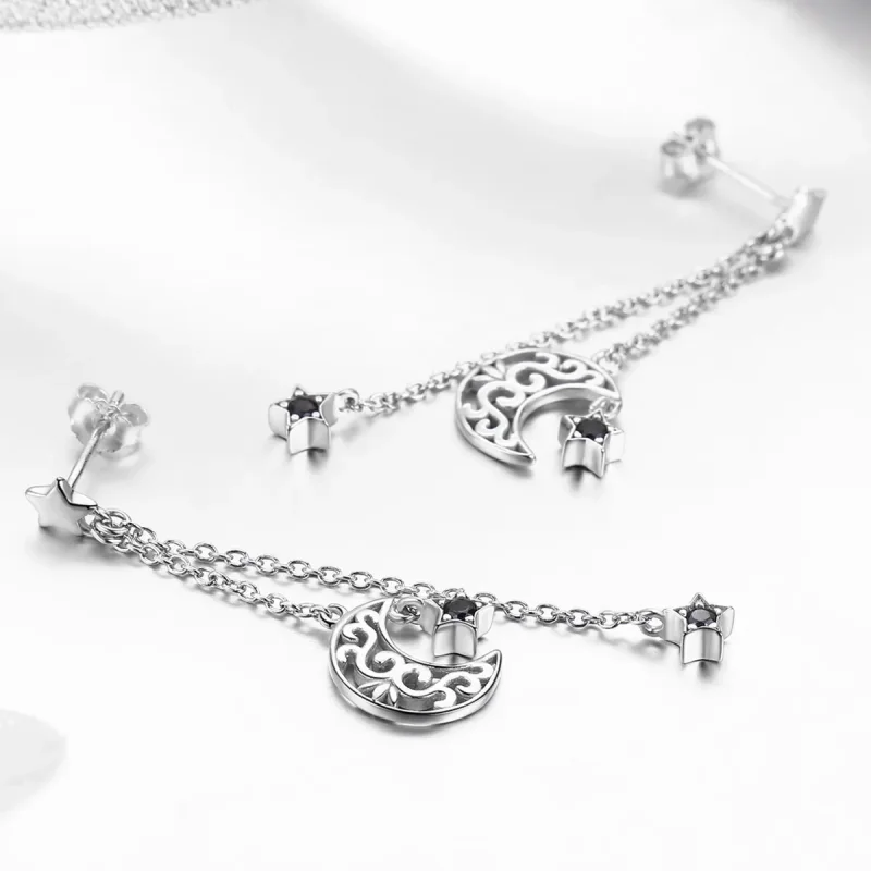 (image for) Pandora Style Silver Starlight Moon Hanging Earrings - SCE528 - View 3