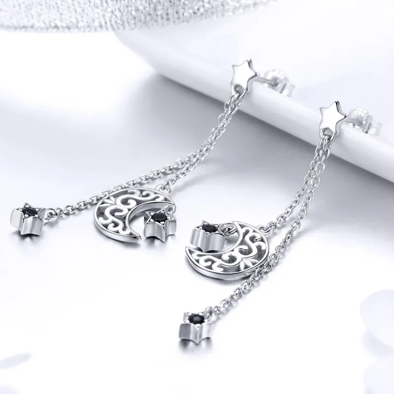 (image for) Pandora Style Silver Starlight Moon Hanging Earrings - SCE528 - View 4