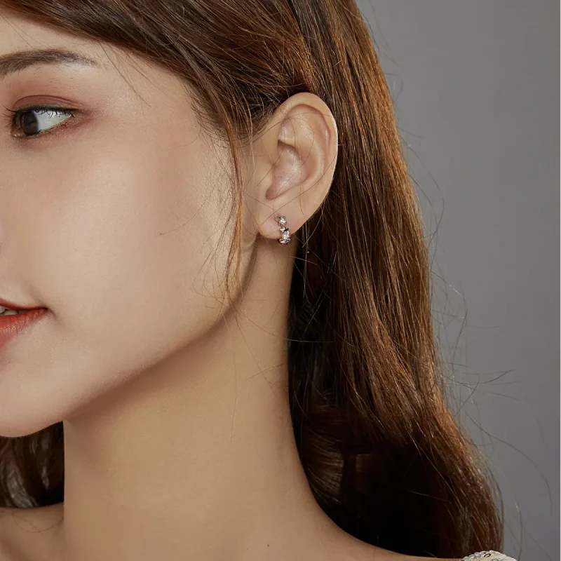 (image for) Pandora Style Silver Stars Hoop Earrings - BSE434 - View 4