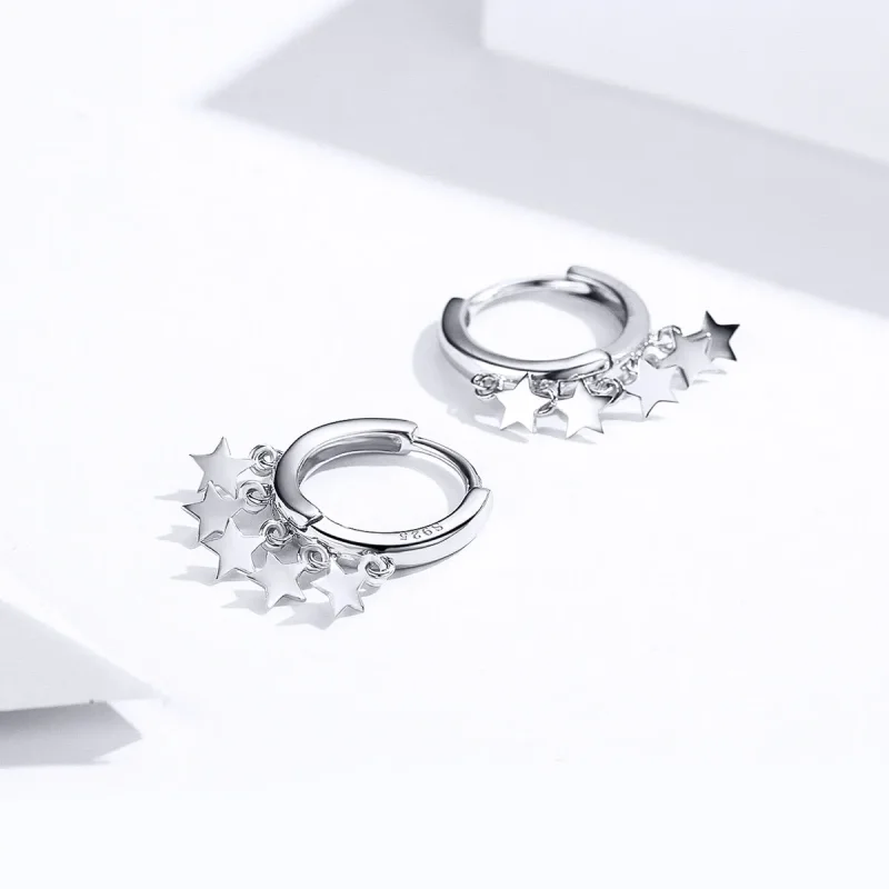 (image for) Pandora Style Silver Stars Tassel Hoop Earrings - SCE684 - View 2