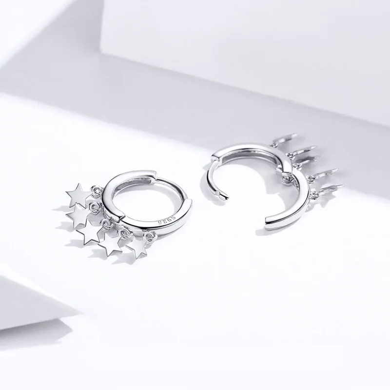 (image for) Pandora Style Silver Stars Tassel Hoop Earrings - SCE684 - View 3