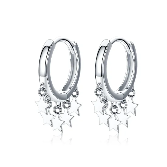 (image for) Pandora Style Silver Stars Tassel Hoop Earrings - SCE684