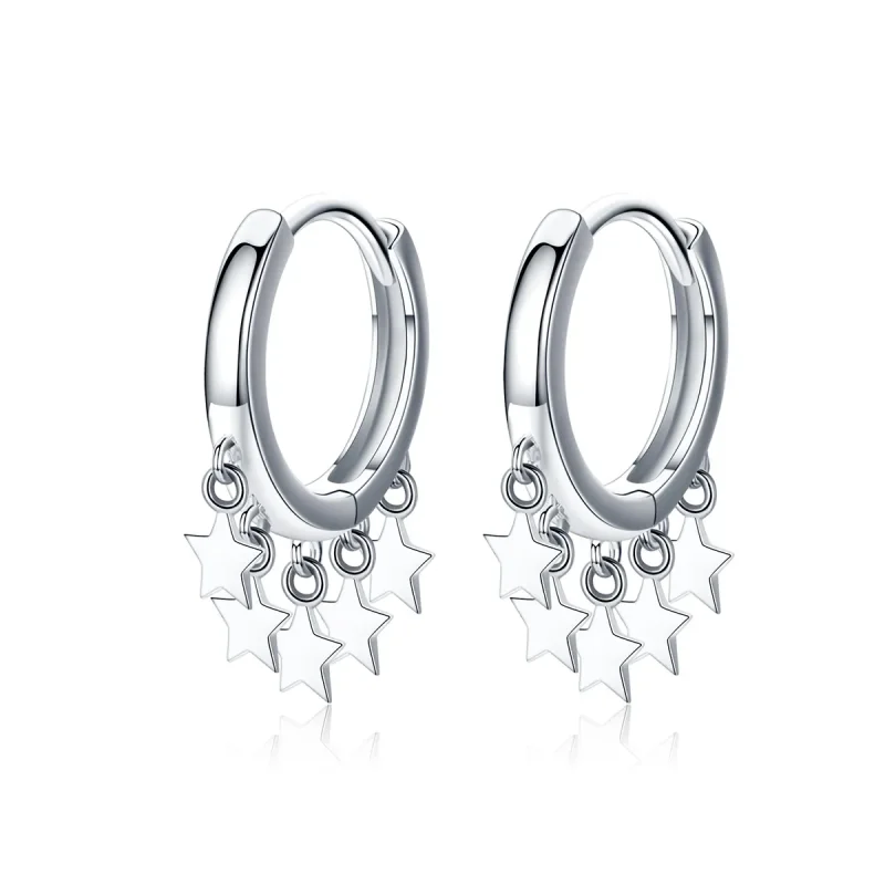 (image for) Pandora Style Silver Stars Tassel Hoop Earrings - SCE684