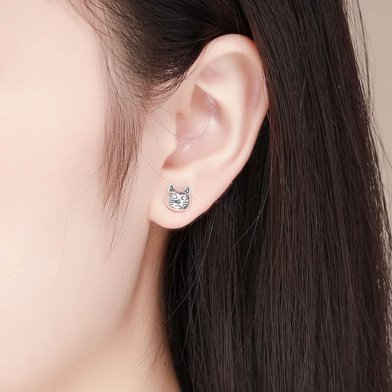 (image for) Pandora Style Silver Sticky Cat Stud Earrings - SCE440 - View 4