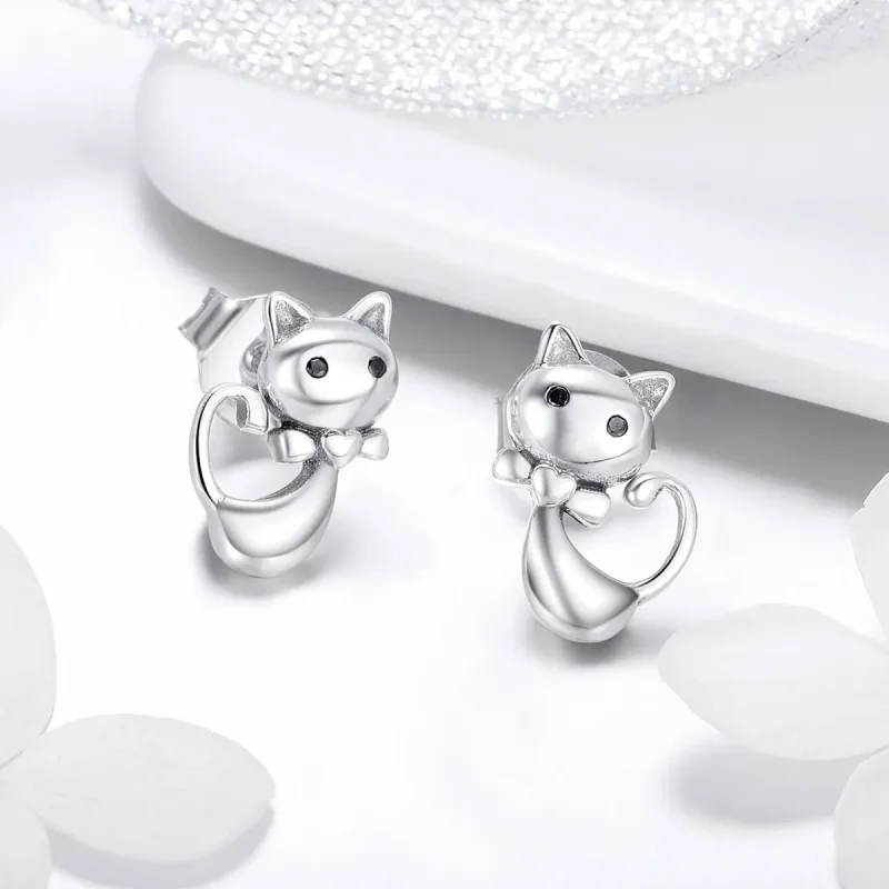 (image for) Pandora Style Silver Sticky Cat Stud Earrings - SCE450 - View 2
