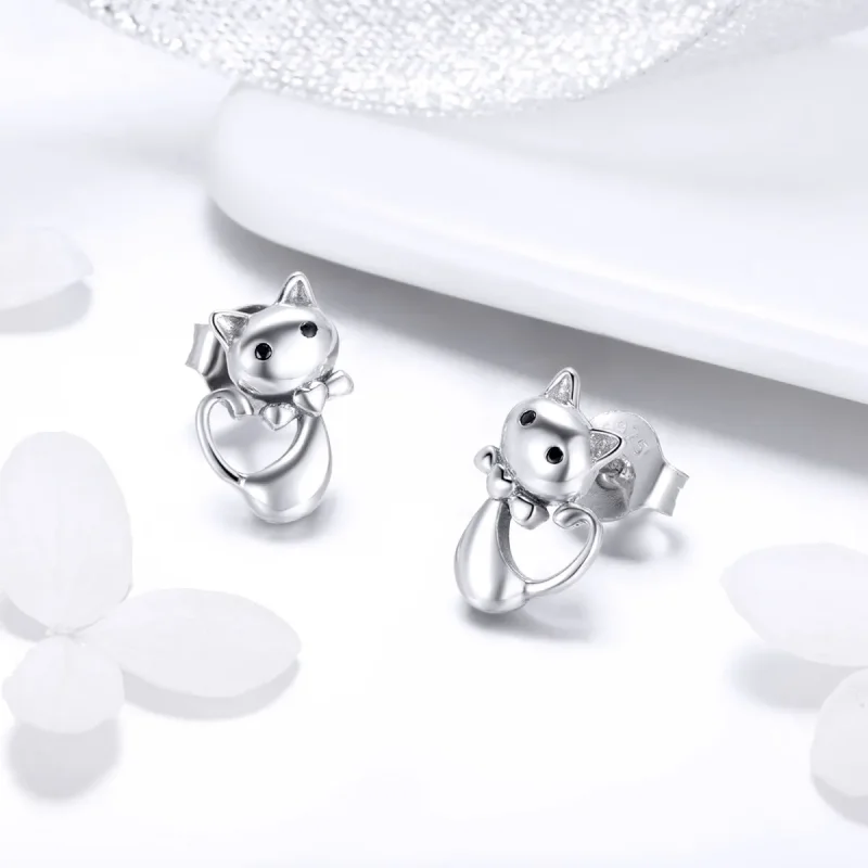 (image for) Pandora Style Silver Sticky Cat Stud Earrings - SCE450 - View 3