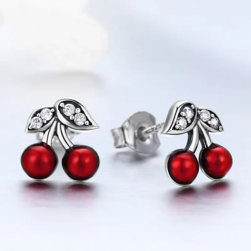 (image for) Pandora Style Silver Summer Cherry Stud Earrings - SCE404 - View 2