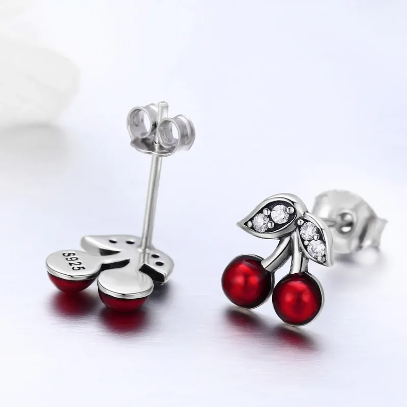 (image for) Pandora Style Silver Summer Cherry Stud Earrings - SCE404 - View 3
