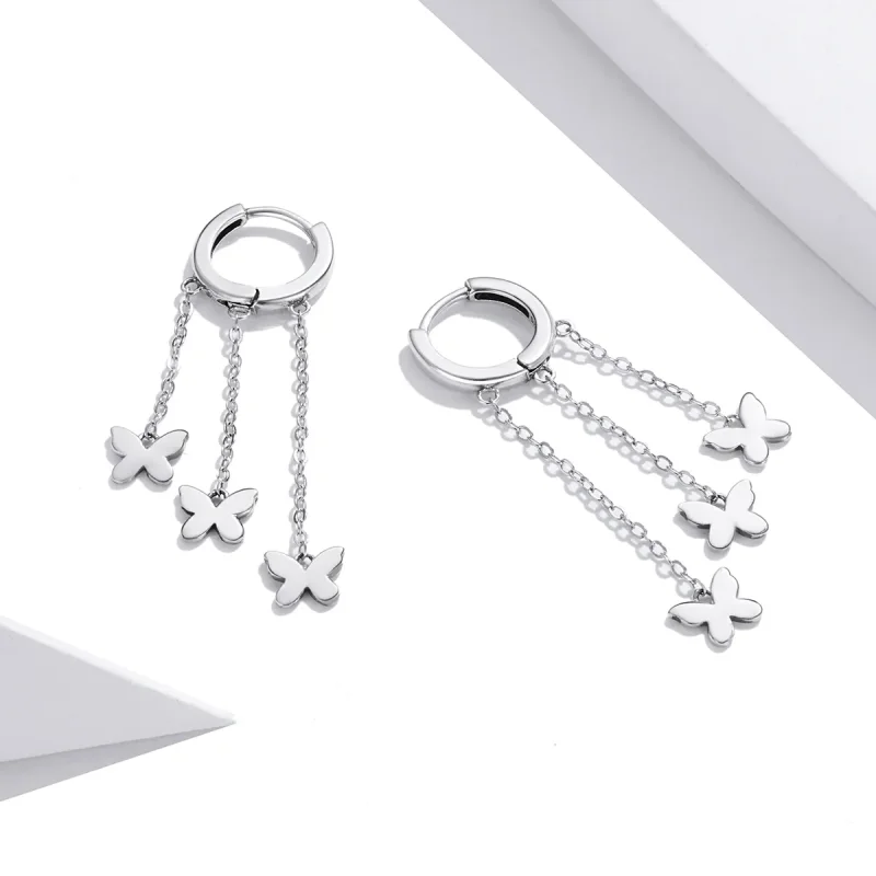 (image for) Pandora Style Silver Tassel Butterfly Dangle Earrings - SCE1173 - View 2