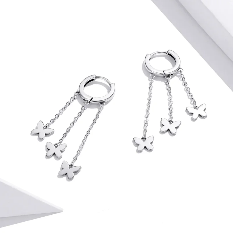 (image for) Pandora Style Silver Tassel Butterfly Dangle Earrings - SCE1173 - View 3