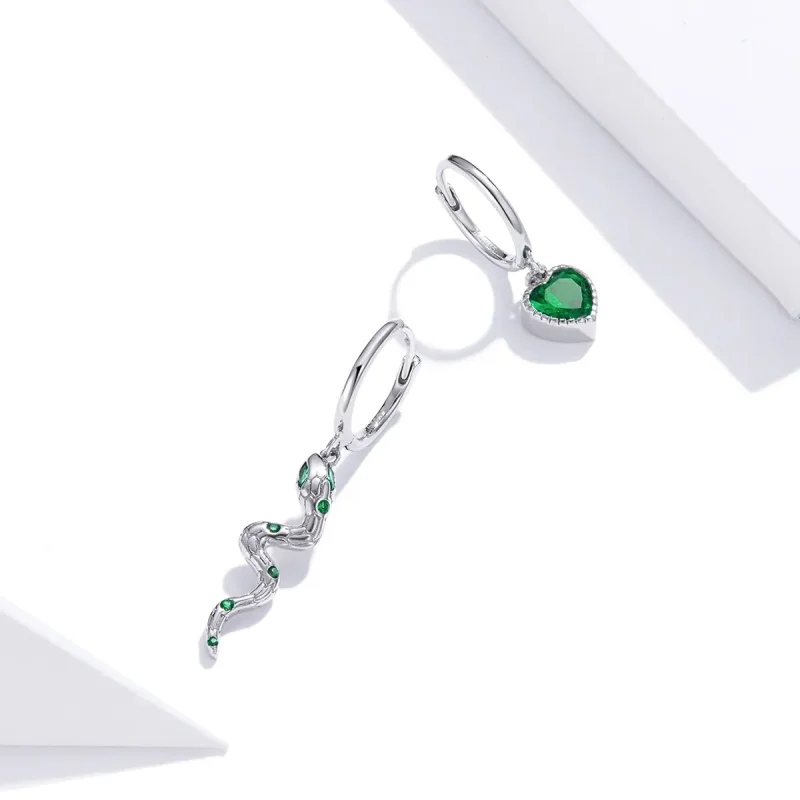 (image for) Pandora Style Silver The Love of The Snake & Green Heart Dangle Earrings - SCE10 - View 3