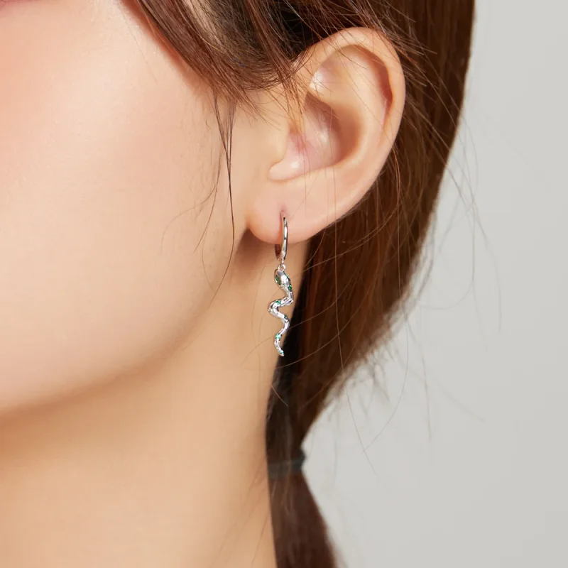 (image for) Pandora Style Silver The Love of The Snake & Green Heart Dangle Earrings - SCE10 - View 7