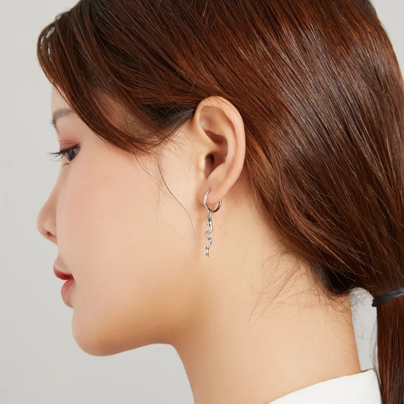 (image for) Pandora Style Silver The Love of The Snake & Green Heart Dangle Earrings - SCE10 - View 8