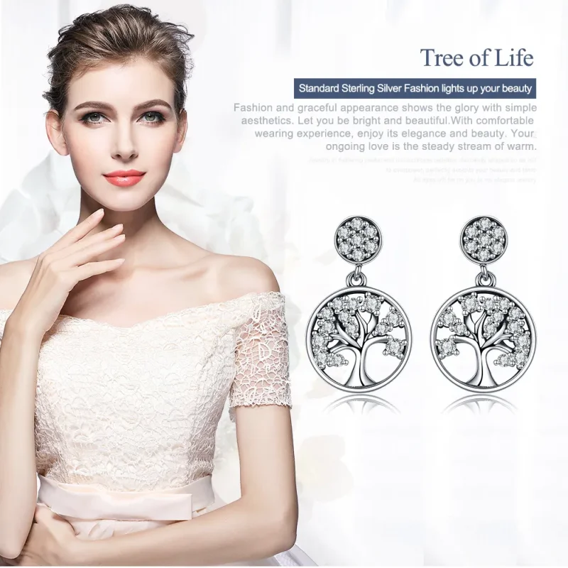(image for) Pandora Style Silver Tree of Life Hanging Earrings - SCE067 - View 2
