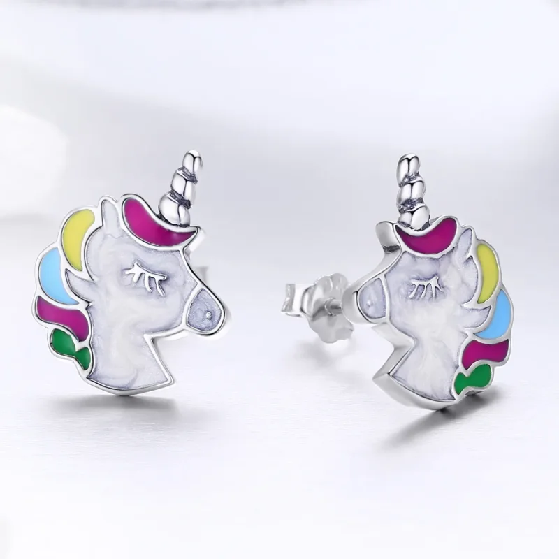(image for) Pandora Style Silver Unicorn Memory Stud Earrings - SCE393 - View 2