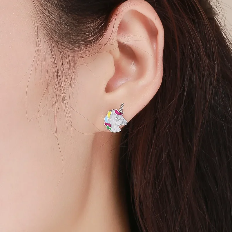 (image for) Pandora Style Silver Unicorn Memory Stud Earrings - SCE393 - View 4