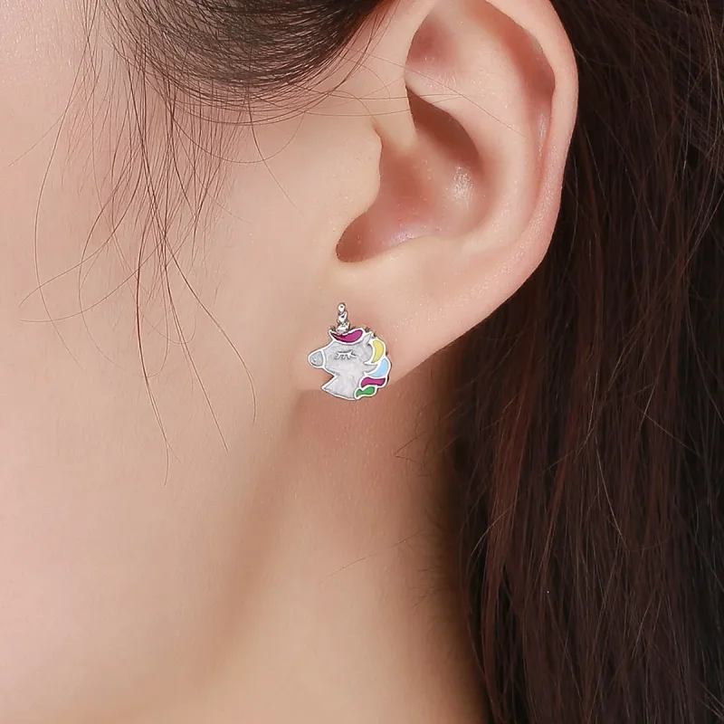 (image for) Pandora Style Silver Unicorn Memory Stud Earrings - SCE393 - View 5