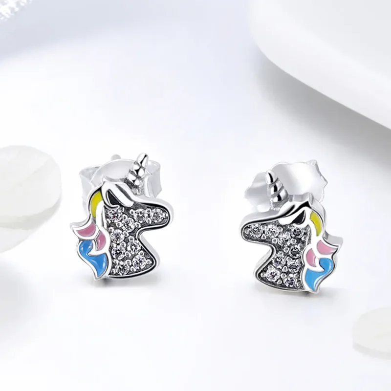 (image for) Pandora Style Silver Unicorn Memory Stud Earrings - SCE426 - View 2