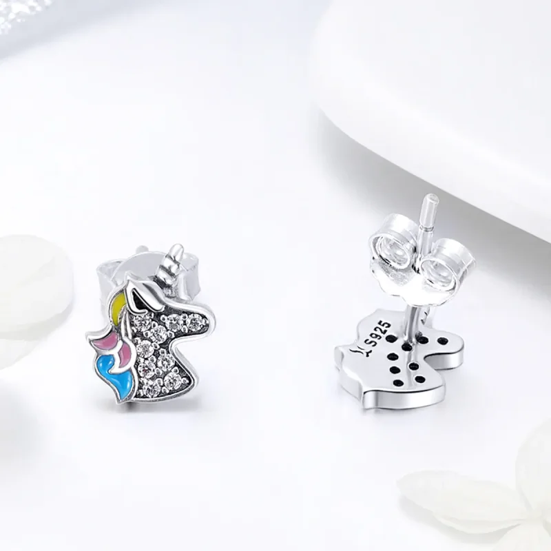 (image for) Pandora Style Silver Unicorn Memory Stud Earrings - SCE426 - View 3