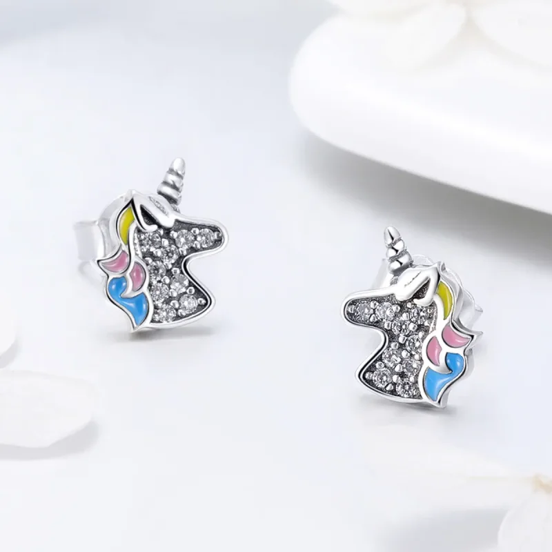 (image for) Pandora Style Silver Unicorn Memory Stud Earrings - SCE426 - View 4