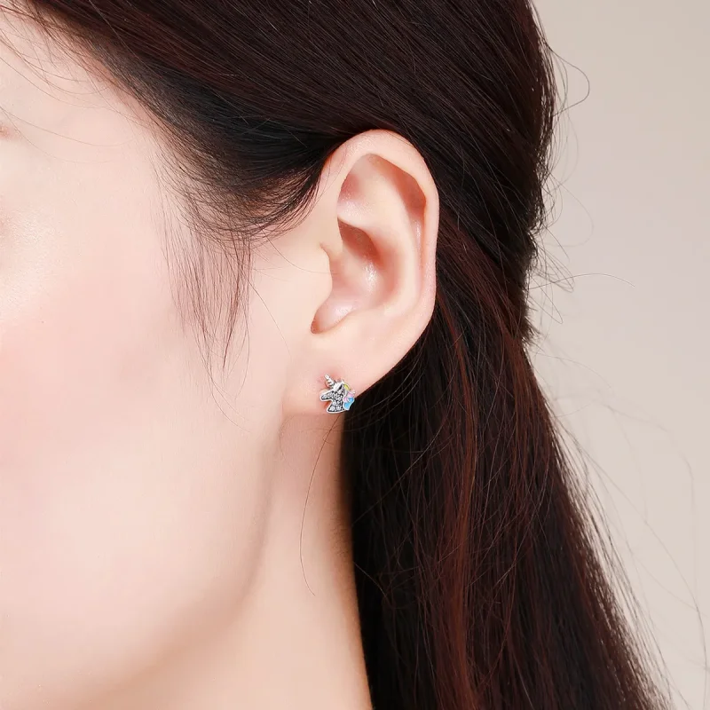 (image for) Pandora Style Silver Unicorn Memory Stud Earrings - SCE426 - View 5