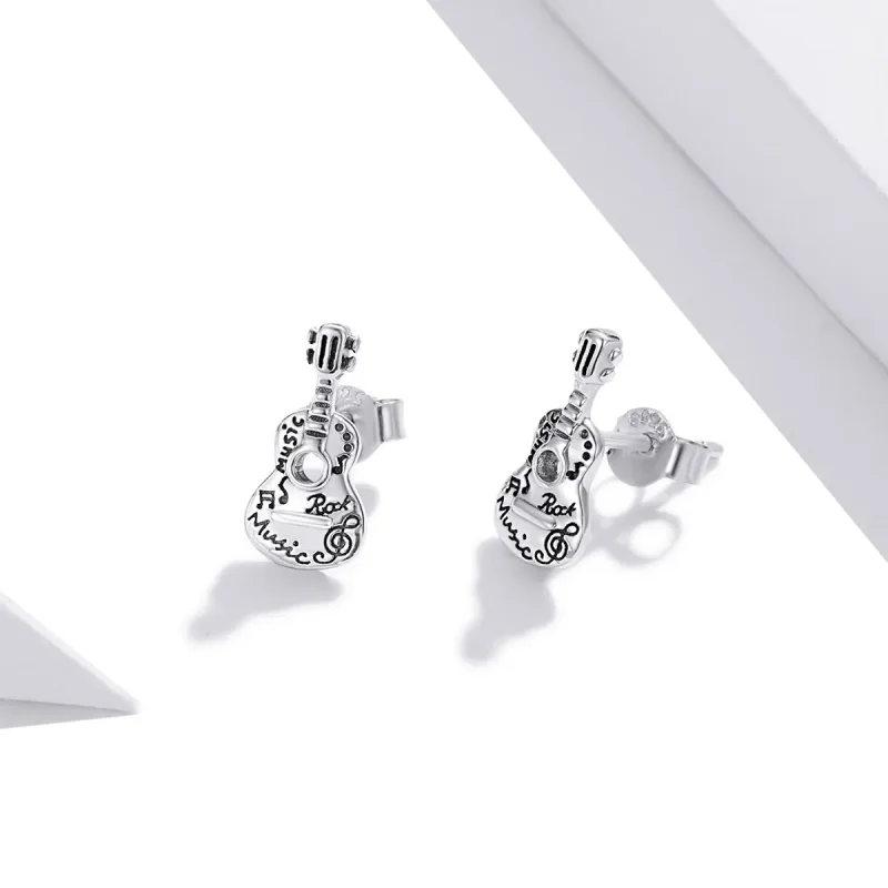 (image for) Pandora Style Silver Vintage Guitar Stud Earrings - SCE1155 - View 3