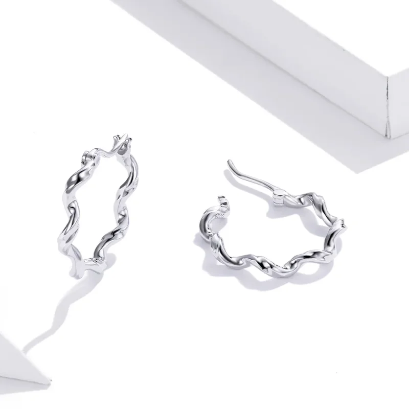 (image for) Pandora Style Silver Wave Hoop Earrings - SCE976 - View 4
