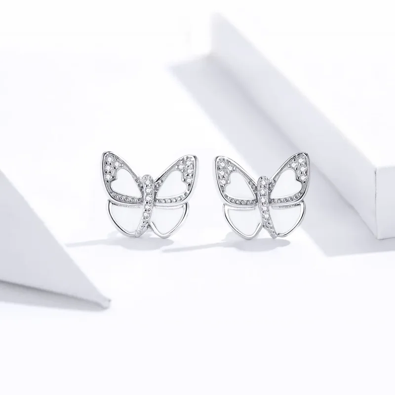 (image for) Pandora Style Silver White Butterfly Stud Earrings - SCE876 - View 2