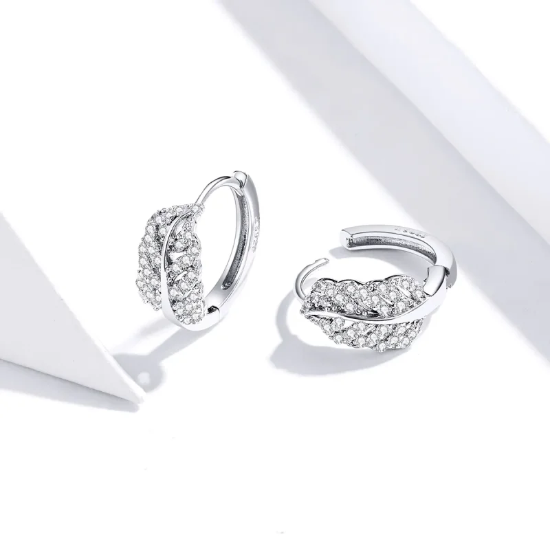 (image for) Pandora Style Silver White Feathers Hoop Earrings - SCE772 - View 2