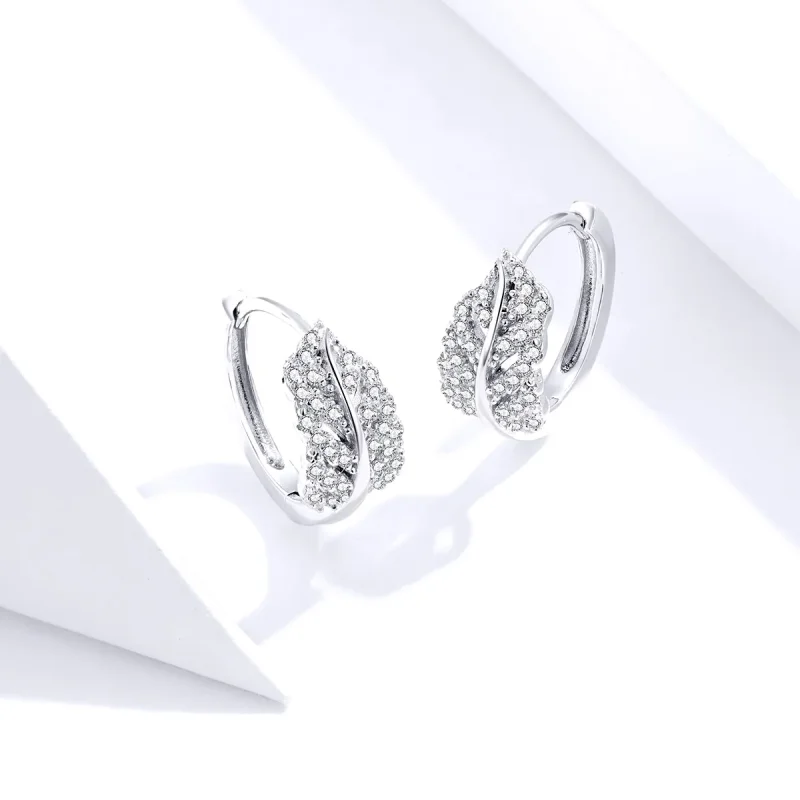 (image for) Pandora Style Silver White Feathers Hoop Earrings - SCE772 - View 3