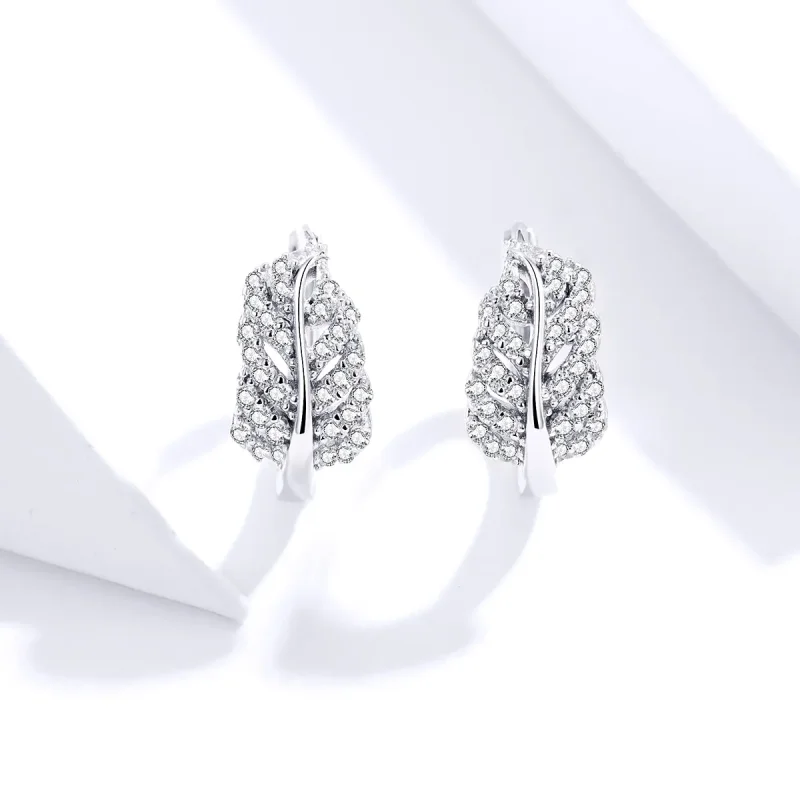 (image for) Pandora Style Silver White Feathers Hoop Earrings - SCE772 - View 4