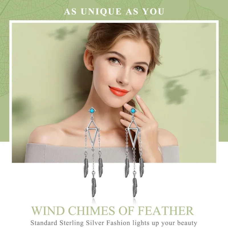 (image for) Pandora Style Silver Wind Chimes of Feather Hanging Earrings - SCE529 - View 2