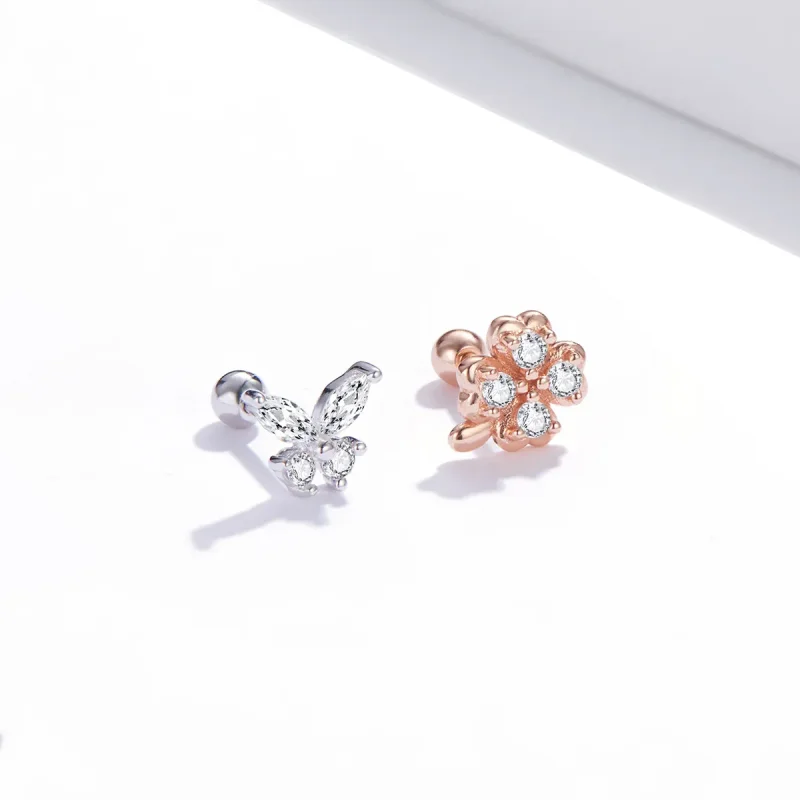 (image for) Pandora Style Two Tone Bicolor Lucky Grass And Butterflies Stud Earrings - SCE10 - View 2