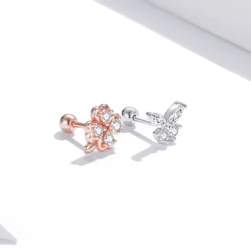 (image for) Pandora Style Two Tone Bicolor Lucky Grass And Butterflies Stud Earrings - SCE10 - View 3