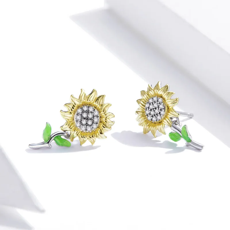 (image for) Pandora Style Two Tone Bicolor Sunflower Stud Earrings - SCE919 - View 3