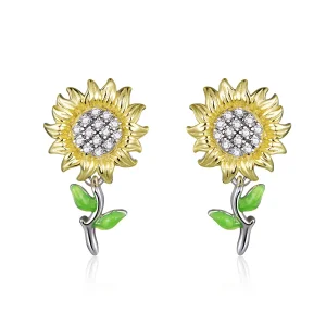 (image for) Pandora Style Two Tone Bicolor Sunflower Stud Earrings - SCE919