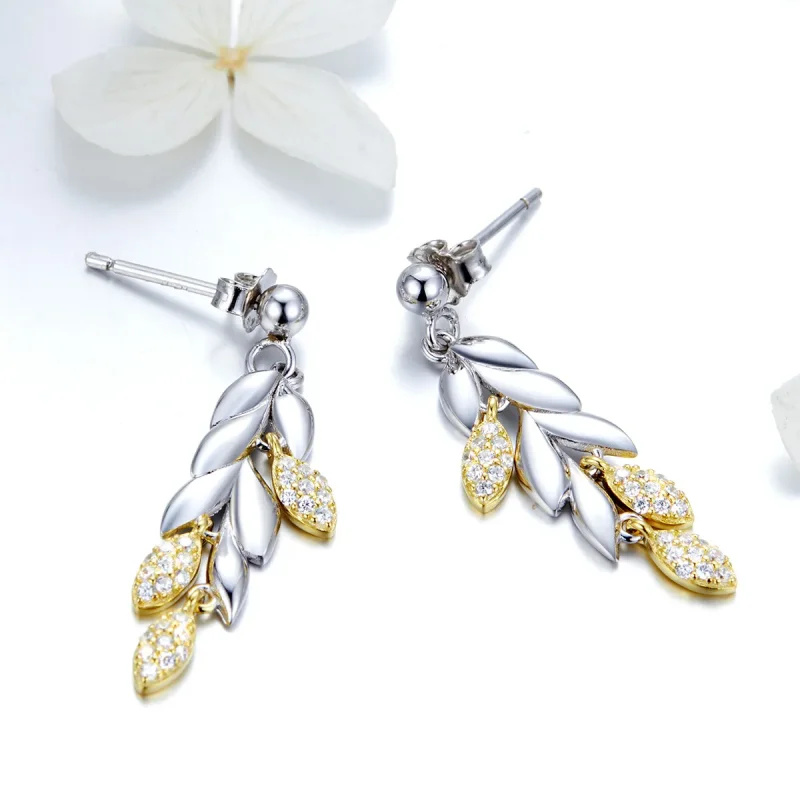 (image for) Pandora Style Two Tone Bicolor Two-Color Wheat Spike Dangle Earrings - BSE025 - View 2