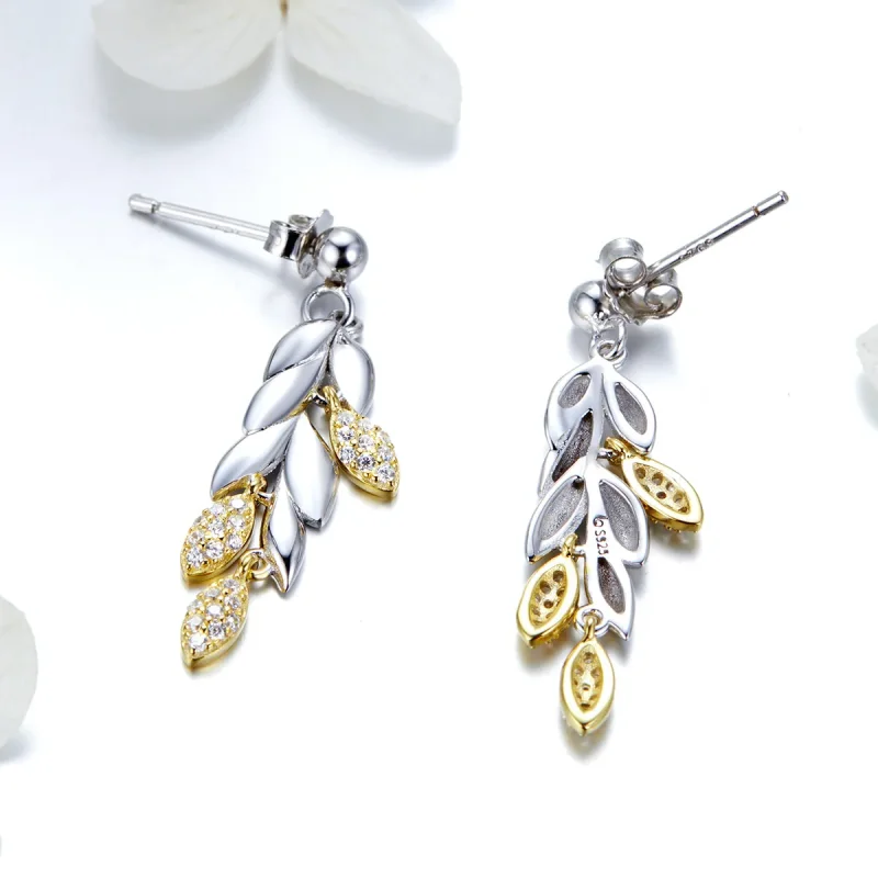 (image for) Pandora Style Two Tone Bicolor Two-Color Wheat Spike Dangle Earrings - BSE025 - View 3