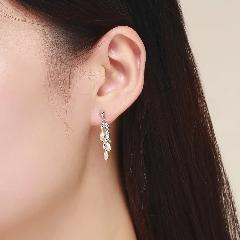 (image for) Pandora Style Two Tone Bicolor Two-Color Wheat Spike Dangle Earrings - BSE025 - View 5