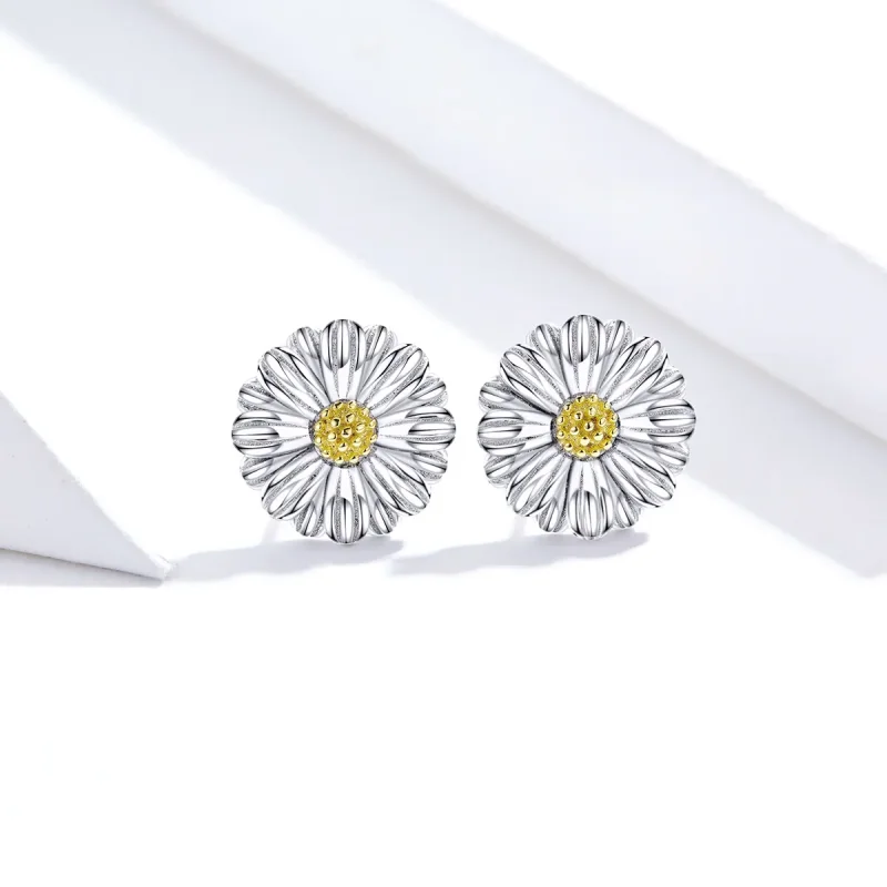 (image for) Pandora Style Two Tone Dazzling Daisy Stud Earrings - SCE774 - View 3