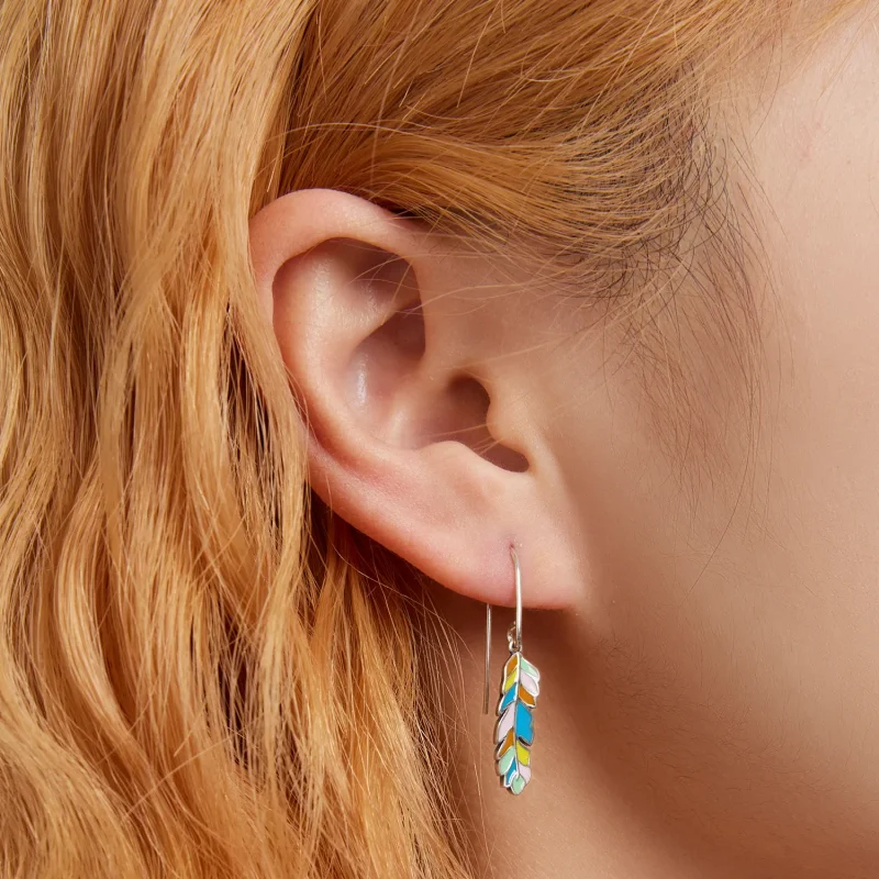 (image for) Pandora Style Colored Feathers Hanging Earrings - SCE1398 - View 6
