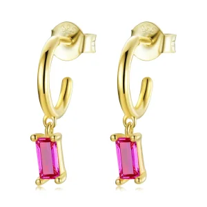 (image for) Pandora Style Colorful Cubic Zirconium - Pink Hanging Earrings - SCE1242-RD