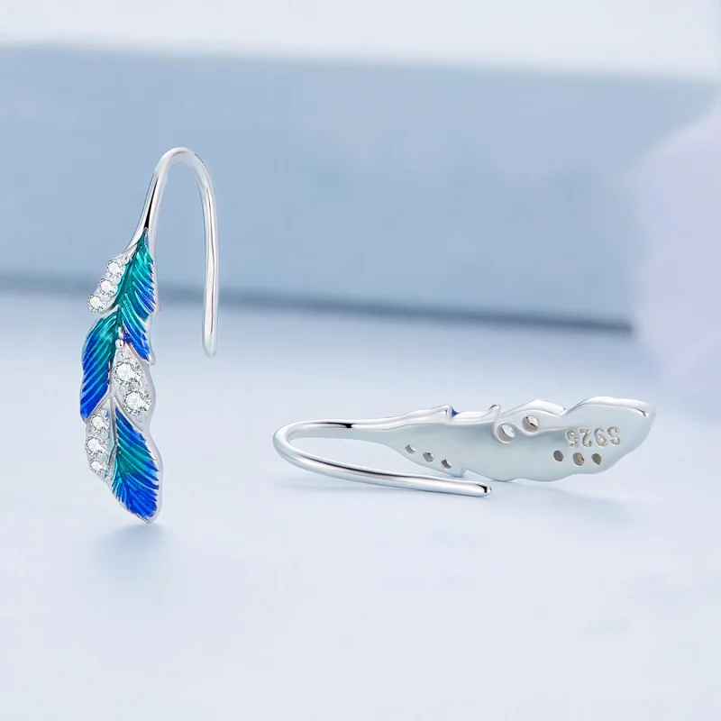 (image for) Pandora Style Dazzling Blue Feather Hanging Earrings - BSE707 - View 3
