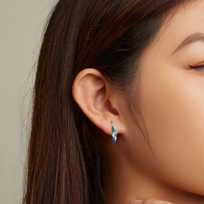 (image for) Pandora Style Dazzling Blue Feather Hanging Earrings - BSE707 - View 4
