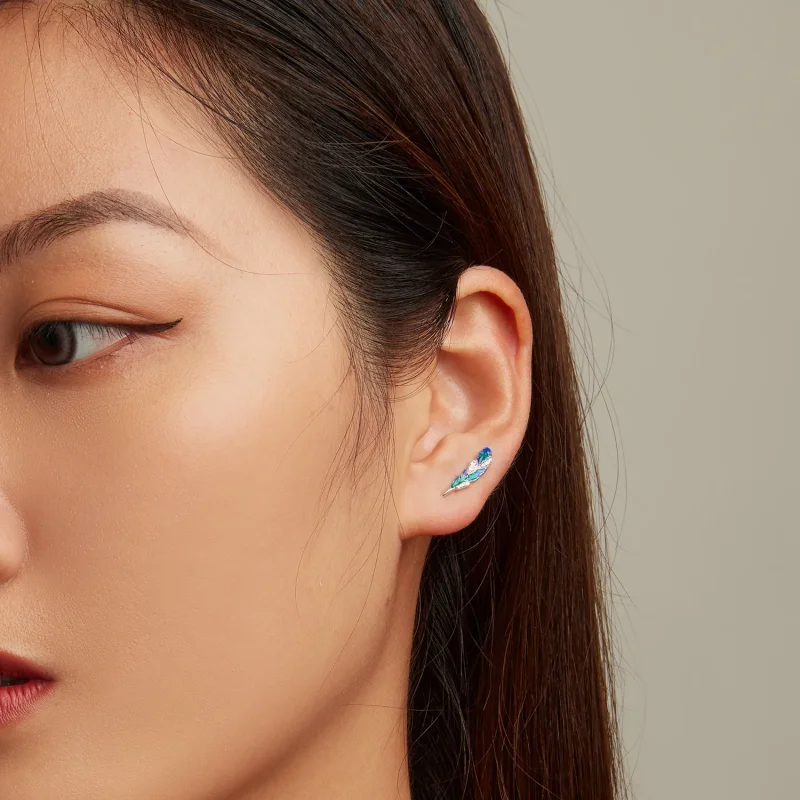 (image for) Pandora Style Dazzling Blue Feather Hanging Earrings - BSE707 - View 7