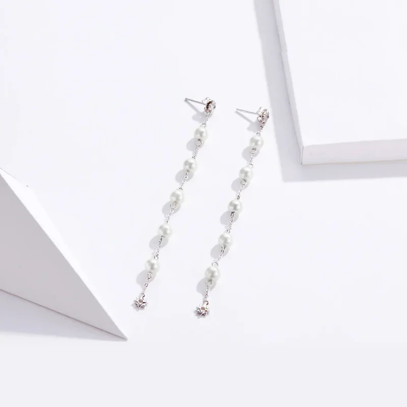 (image for) Pandora Style Pearl Tassel Hanging Earrings - BSE185 - View 2