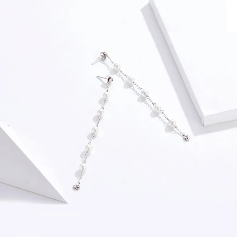 (image for) Pandora Style Pearl Tassel Hanging Earrings - BSE185 - View 3