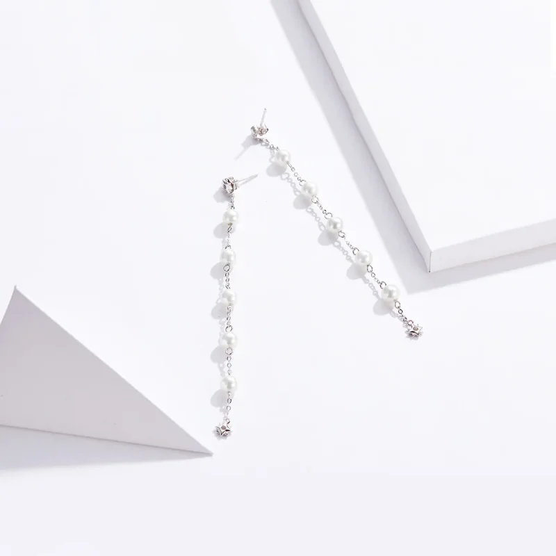 (image for) Pandora Style Pearl Tassel Hanging Earrings - BSE185 - View 4