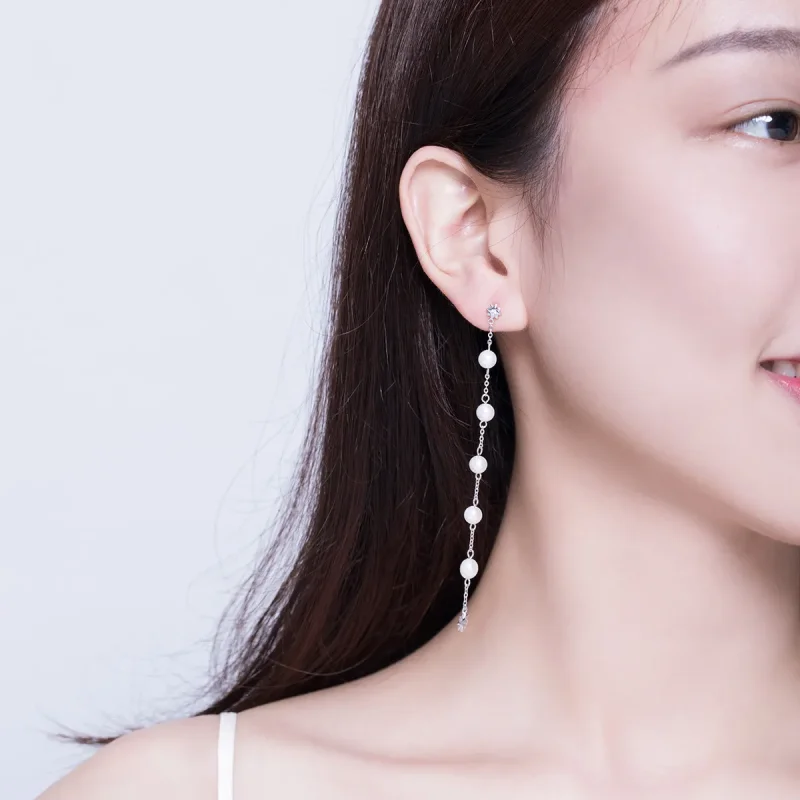(image for) Pandora Style Pearl Tassel Hanging Earrings - BSE185 - View 5